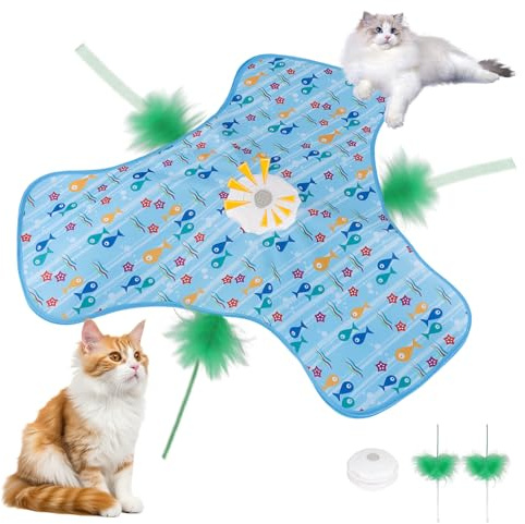 Automatic Interactive Cat Toy - Touch-Activated Hide and Seek Exercise Toy for Indoor Bored Adult Cats and Kittens, Moving Concealed Wand and Feather with 3 Interactive Modes（Fish）