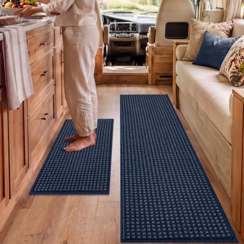 Biscpro Buffalo Plaid Kitchen Rugs Set,43x75+43x150cm,Navy Blue,Non Slip | Kitchen Mats for Floor-Thick Stain Resistant Kitchen Floor Mat Runner Carpet for Hallways Entryway Laundry Room Washable