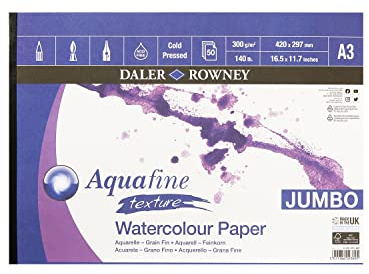 Daler-Rowney Aquafine Textured Watercolour & Gouache Cold-Pressed 300gsm A3 Paper Pad, Glued 1 Side, Natural White, 50 Sheets, for Professional & Beginner Artists & Students, Acid-Free