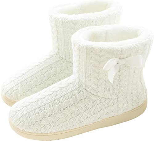 GILKUO Hausstiefel Damen Hausschuhe Winter Warm Plüsch Hüttenschuhe Feste Sohle Fell Stiefel Hohe Pantoffeln Gefüttert Hüttenstiefel Weiß Größe 35 36