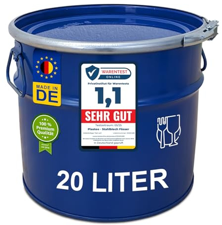 plasteo® 20 Liter Stahlfass Hobbock Deckelfass | Zyklon Absaugung Geeignet | UN-Zulassung | Made in DE | lebensmittelecht | 2 Griffe | Stabil Stapelbar