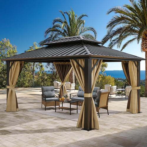 YITAHOME 10x12 ft Hardtop Gazebo with Netting and Shaded Curtains, Outdoor Metal Gazebo 2-Tier Hardtop Galvanized Iron Aluminum Frame Garden Tent for Patio, Backyard, Deck and Lawns