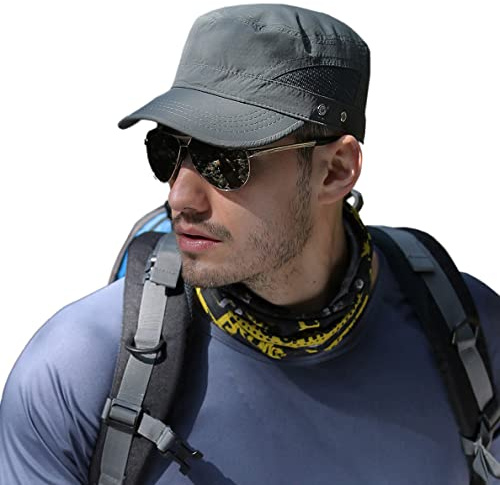 Pyrafox Mens Waterproof Military Army Cap, Short Brim Breathable Flat Top Cap, Adjustable Classic Baseball Cap Patrol Hat Grey