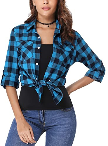 Irevial Camisa de Cuadros Algodón Mujer Camisa Leñador Mujer Blusa Franela de Manga Larga Elegante Básico Shirt Camisa Casual Boyfriend Tops Azul, M