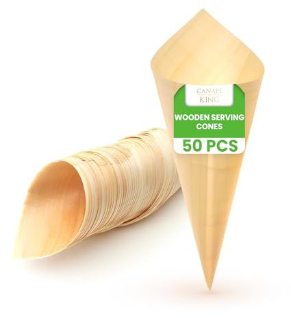 Disposable Wooden Serving Cones 50 Pcs |100% Biodegradable Ice Cream Snacks BBQ Holder (3.5cm Diameter x 6cm Depth) | Suitable for Christmas Weddings Parties Food Takeaway