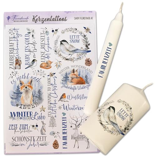 FEENSTAUB Kerzentattoos Winter, Kerzenfolien Weihnachten DIN A5, Wasserschiebefolie, Sticker, Tattoofolie Wintermotiv, Aufkleber für Kerzen, Kerzenaufkleber