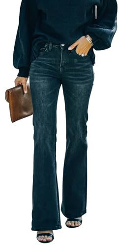 KUNMI Jean évasé Taille Haute évasé pour Femme - Coupe évasée - Extensible - Tendance, Ff001-noir, 44