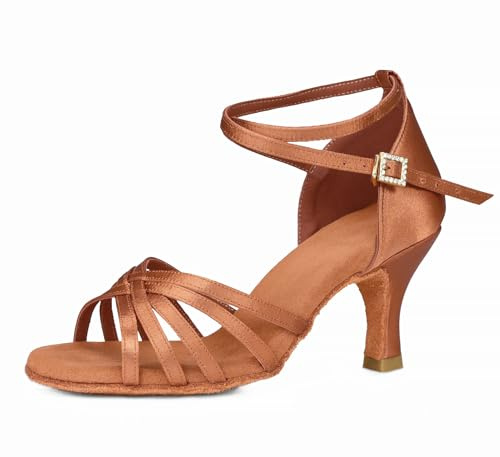 TRIWORIAE-Scarpe da Ballo Latino Americano Donna Scarpe Ballo da Sala Salsa Marrone 7cm 34