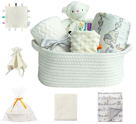 CREVENT Baby Welcome Gift Set Storage Basket with 2 Blankets+ 1 Security Blanket + 1 Taggie + 1 Gift Bag with Ribbon (Ivory)