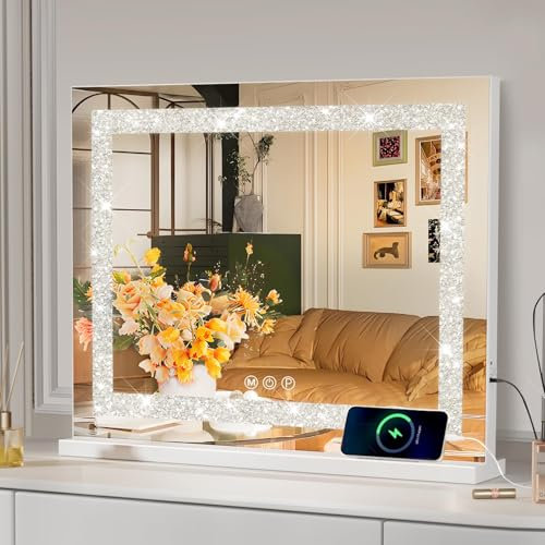 Hansong Hollywood Makeup Mirror with Crushed Diamond Crystal Lights, Large Vanity Mirror with 3 Colors Dimmable Strip Light, Touch Screen Control, Tabletop or Wall-Mounted