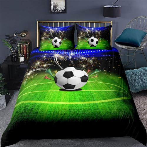 Homemissing Juego de ropa de cama infantil con diseño de fútbol 3D, microfibra suave y transpirable, color verde, azul, funda de edredón con 2 fundas de almohada, 3 piezas, para niños