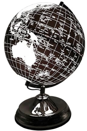 Gleneagles Travel Globe Black & Silver 25cm – LED Light-Up World Map Cool White Desk Illuminated Globe Lamp for Home or Office Study Room Décor Geographic Learning Gifts for Men