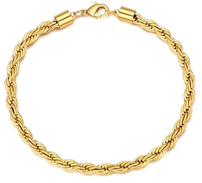 Philip Jones Men's 5mm Gold Plated Steel 7.5 Inch Round Rope Wheat Chain Bracelet