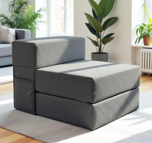 Schlafsessel mit Bettfunktion – Schlafsofa 75 cm breit, faltbare Schlafcouch & Gästematratze für 2, klappbares Sofa Bett – Extra dick 20cm & bequem H3 – Test SEHR GUT Oeko-TEX Standard Klappmatratze