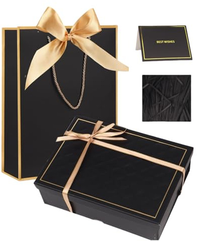 Black Luxury Magnetic Gift Box with Lid, Ribbons and Gift Bag, Medium Size-9.8x7x3.3 Inches,Ideal for Men Women Birthdays,Christmas,New Year,Wedding,Anniversay,Valentine's Day (Black)