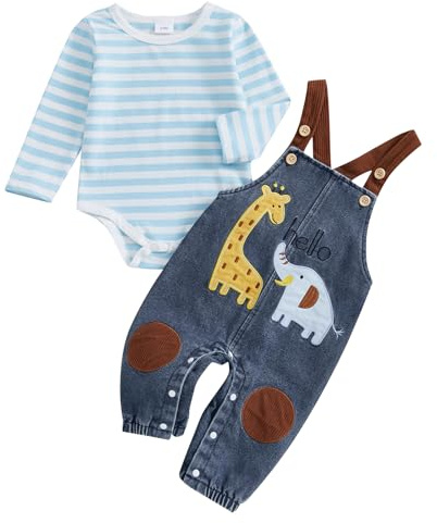 Carolilly spädbarn baby pojkar broderi djur kläder nyfödd baby pojkar långärmad randig sparkdräkt + giraff elefant broderi hängslen byxor set