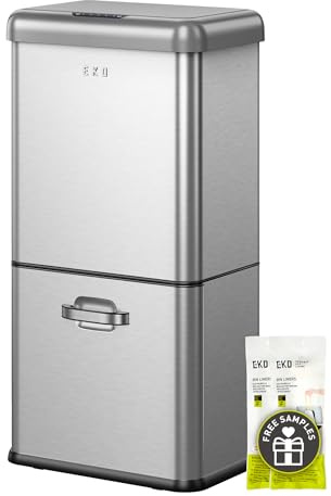 EKO Cubo de basura vintage con sensor de movimiento de 50 litros, doble compartimento de 32 L + 18 L, cubo de basura de cocina de acero inoxidable, sin contacto, cubo de basura automático y reciclaje