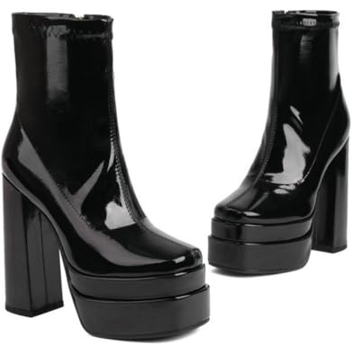 KUHAOFEU Plate-Forme Talon Haut Bottines pour Femmes en Cuir Bout Carré Imperméable Bottines Hiver Bottes Mi-Mollet,Noir,40 EU