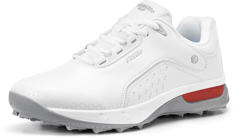 FitVille Mens Wide Fit Spiked Golf Shoes Water Resistant Casual Trainers Non Slip Outdoor Sneakers for Golf Training, White, 9 UK Wide