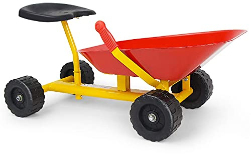 Costzon Kids Ride-on Sand Dumper, Children Outdoor Sandbox Toy w/Ergonomic Handle & 4 Wheels, Heavy Duty Steel Digging Metal Garden Play Tool for Boys Girls, Kids Wheelbarrow (Red)