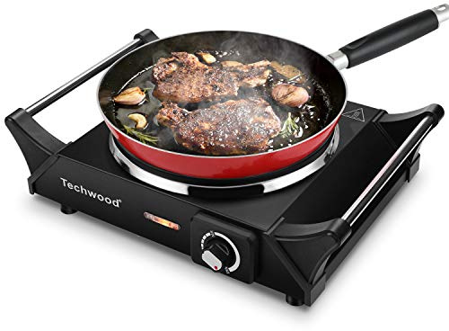 Techwood Hot Plate Portable Electric Stove 1500W Countertop Single Burner with Adjustable Temperature & Stay Cool Handles, 7.3” Cooktop for Dorm Office/Home/Camp, Compatible for All Cookwares