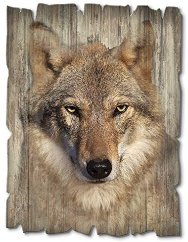 ARTland Wanddeko Bild aus Holz Holzbild vintage Deko 30x40 cm Hochformat Natur Wald Tiere Wolf Braun T1DQ