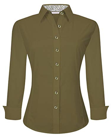 Alex Vando Womens Dress Shirts Wrinkle Free Regular Fit Long Sleeve Stretch Work Shirt, Olive, M