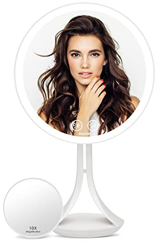Auxmir Specchio Trucco con Luci a 3 Colori, Specchio da Tavolo Ricaricabile con Specchietto Ingranditore 10X, Luminosità Regolabile, Interruttore a Sfioro, Batterie Ricaricabile, Cavo USB Incluso