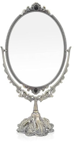 Vintage Double-Sided Tabletop Makeup Mirror with Stand,Oval Swivel Cosmetic Mirror,360 Rotation Retro Dressing Mirror with Embossed Hollow Flower Shiny Pedestal for Bathroom,Bedroom Decorative