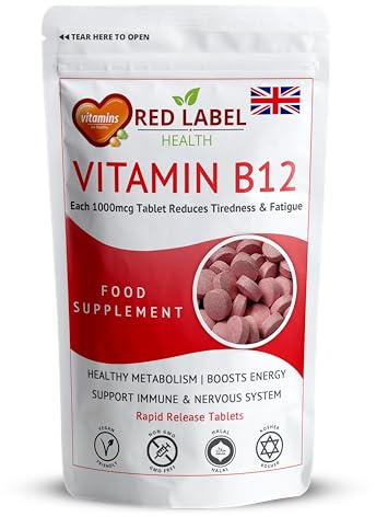 Red Label Health Vitamin B12 Tablets High Strength 1000mcg for Men & Women, Pack of 360 Tablets (1 Year Supply), Methylcobalamin B12 Vitamin for Tiredness and Fatigue, Vegetarian, Vegan