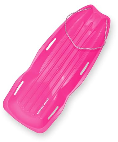 Slippery Racer Downhill Xtreme Flexible Adults and Kids Plastic Toboggan Snow Sled for Up to 2 Riders with Pull Rope and Handles, Pink