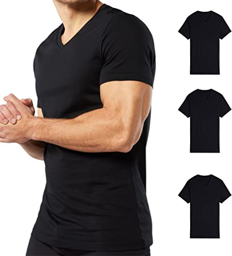 Herrunderkläder bomull V-ringning (3-pack) bomull undertröjor herr kortärmad t-shirt herr vit och färgglad, Svart, L