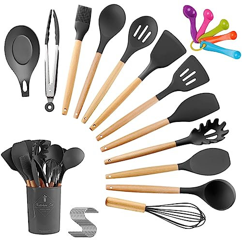 Brifantico Kitchen Utensils Set, 28 pcs Silicone Cooking Utensils Set with Wooden Handle, Cooking Tools Turner Tongs Spatula Spoon Kitchen Gadgets Set for Nonstick Heat Resistant Cookware (Grey)