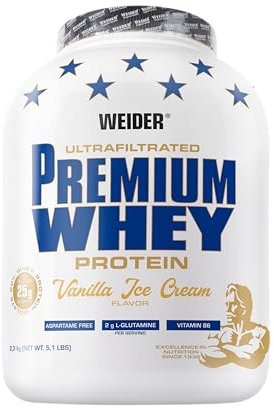 Weider Premium Whey Protein Poudre - Haute Teneur en Protéines, Faible Teneur en Glucides & Faible Teneur en Graisses avec L-Glutamine et Vitamine B6 - 2,3kg - Vanilla Ice-Cream