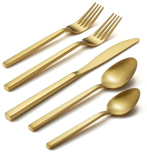 Alata Cube Gold 20-Piece Flatware Set, Forged Cutlery Set, Matte Gold Silverware Service for 4, Stainless Steel Tableware with Square Handle for Home/Restaurant, Dishwasher Safe
