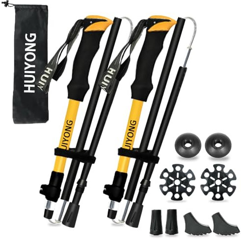 HUINING Bastones de Senderismo Plegables Telescópicos para Hombre y Mujer - Marcha Nórdica, Trekking, Ultraligeros de Aluminio Con Accesorios, 115-135 cm, Amarillo