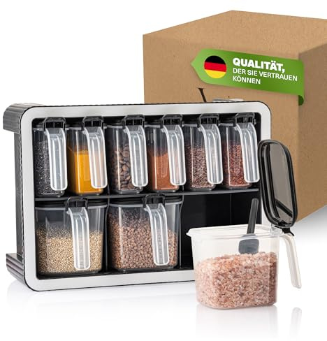 Viwares Gewürzdosen 9er Set mit Wandhalterung und Löffeln, Luftdicht, BPA-frei, Transparent, Gewürzdosen für organisierte Küche, Modernes, platzsparendes Gewürzregal mit Aromaschutz, 550 & 250ml