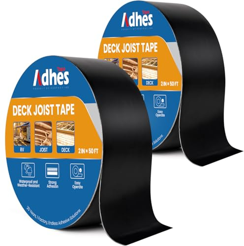ADHES Deck Joist Tape, 2 Rolls Butyl Tape Black 50mm X 15M Adhesive Butyl Waterproof Flashing Tape for Wood Decks, Beams, Roof, Outdoor Construction