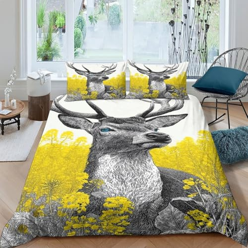 kaiyun Cerf Parure De Lit Housse 3 Pièces Champ de Colza en Microfibre avec Taies d'oreiller De Couette Imprimé pour Enfants Adolescents Double（200x200cm）