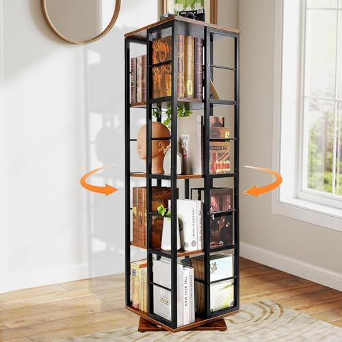 Durecoform Drehbares Bücherregal 360 Grad,Drehbar 5 Ebenen Standregal, Multifunktionaler Bücherregal, Lagerregal für Wohnzimmer, Schlafzimmer, Büro, Metall- und Holzwerkstoffe