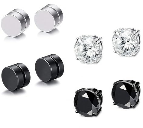 4 Pairs Magnetic Earrings, 8 mm Round Cubic Zirconia Magnet Earrings Set, Magnetic Clip On Stud Earrings, Stainless Steel Magnet ic Ear Stud Non Piercing, for Men Women Birthdays, Anniversaries