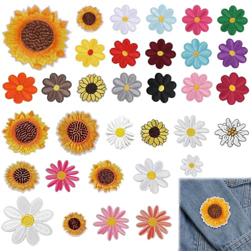 ZILZUFA 33 Pezzi Toppe Adesive per Tessuti, Toppe Termoadesive per Vestiti a Forma di Fiori e Margherite, Applicazioni per Tessuti Ricamate per Jeans, Giacche, Zaini e Cappelli, Decorazioni Fai da Te