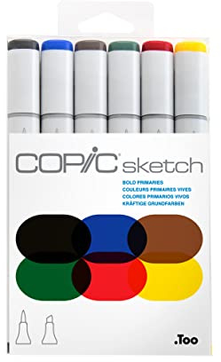 Copic Sketch Alcohol Markers, 6 Color Dual Tip Art Marker Set – Blendable Brush Tips for Drawing, Sketching, and Illustration – Professional Set for Adults/Teen Artists & Creators - Bold Primaries