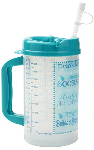 Plum Hill Hospital Cup With Lid and Straw - 32 Ounce Insulated Water Bottle, Drinking Mug With Measurements - Teal