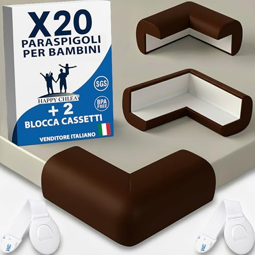 HAPPY CHLEA® 20 x Coin de Table Protection Bébé en Caoutchouc avec Technologie Active Foam, Protection Angle Mueble + 2 Bloc Tiroir, Securite Bébé Idéal pour Lits, Tables, Meubles, Angles (Marron)