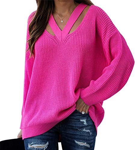 Gros Pull Grosse Maille Femme Pullover Tricot Grande Taille Femme Manche Longue Épaissi Rose XL
