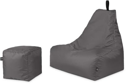 PATCH HOME Sitzsack Lounge Sessel + Würfel/Hocker mit Reißverschluss Gamer Sitzkissen fertig mit Styropor Füllung befüllt H:82cm | T:70cm | B:75cm + 35x35cm Würfel Anthrazit