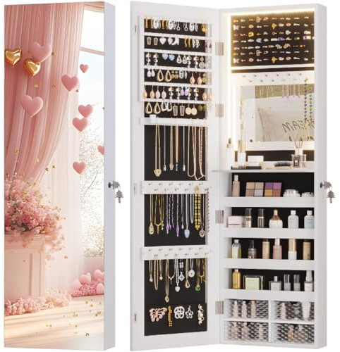 Vlsrka 47.2 LED Jewelry Mirror Cabinet, Wall/Door Mounted Jewelry Armoire Organizer with Full Length Mirror, Large Storage Hanging Cabinet, 4 Drawers, 5 Shelves (White)