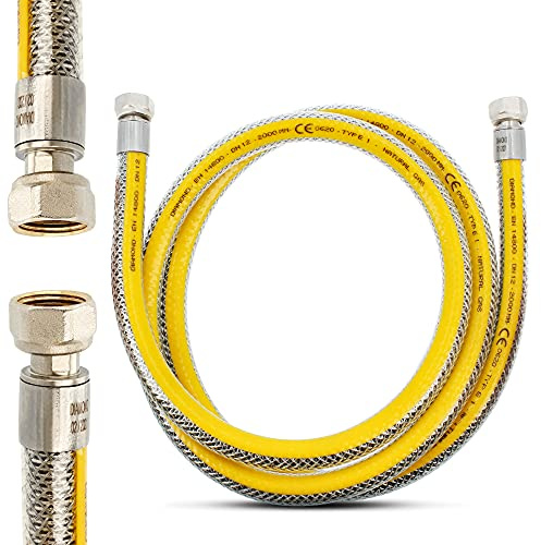 FLEX Flexibel gasslang, 2 m propangaslang, butangaslang, med 1/2 x 1/2 tum inre gänga DN 12, av rostfritt stål och PVC, butan propan-slang, EN 14800, gasanslutningsslang, camping, kök