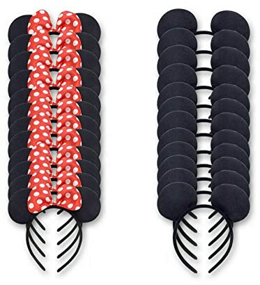 24 Pack Diadema de Orejas de Tela de Lujo para Disfraz de Ratón Niños Niñas Cumpleaños Pelos Accesorios Baby Shower Tocados Decoraciones para Fiestas(Negro Rojo 1)